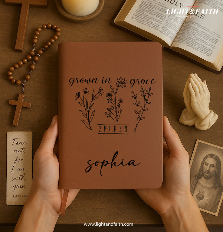 Personalized Christian Journal 2 Peter 3:18 "Grow In Grace", Custom Name Prayer & Faith Notebook, Religious Gift, First Communion Gifts, Birthday. NBLAF45